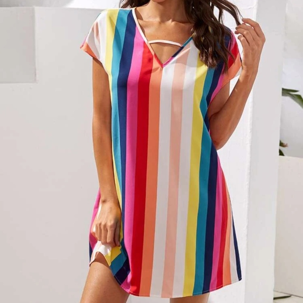Rainbow colorful striped mini tunic dress pride - Picture 2 of 3
